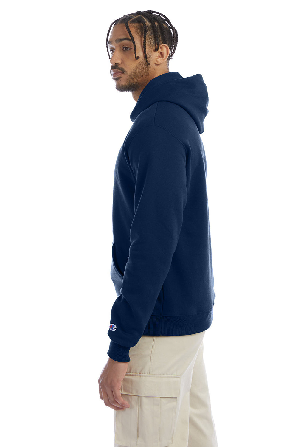 Champion S700 Mens Double Dry Eco Moisture Wicking Fleece Hooded Sweatshirt Hoodie w/ Pouch Pocket Late Night Blue Model Side