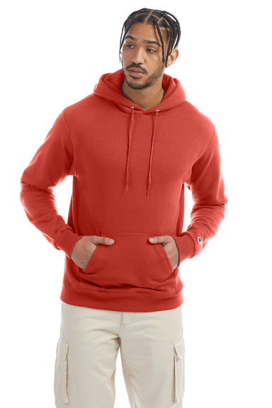 Champion S700 Mens Double Dry Eco Moisture Wicking Fleece Hooded Sweatshirt Hoodie w/ Pouch Pocket Red River Clay Model Front
