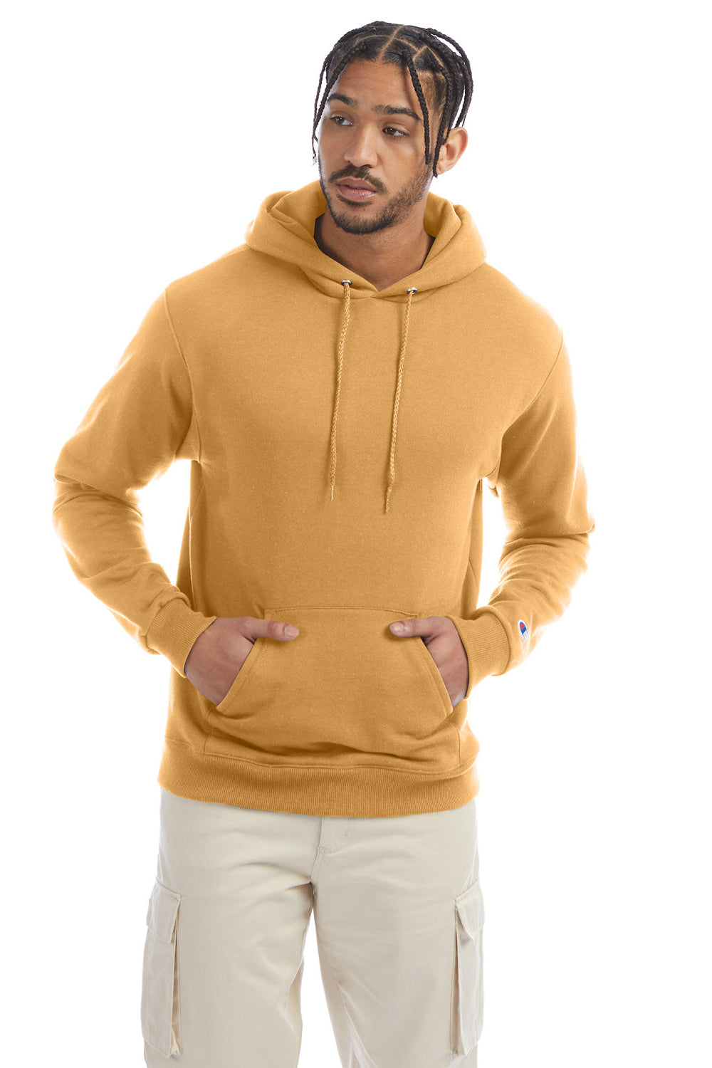 Champion S700 Mens Double Dry Eco Moisture Wicking Fleece Hooded Sweatshirt Hoodie w/ Pouch Pocket Gold Glint Model Front