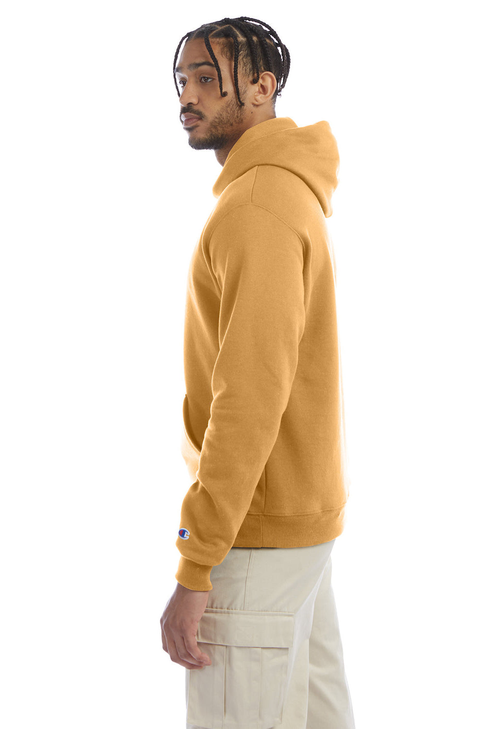 Champion S700 Mens Double Dry Eco Moisture Wicking Fleece Hooded Sweatshirt Hoodie w/ Pouch Pocket Gold Glint Model Side