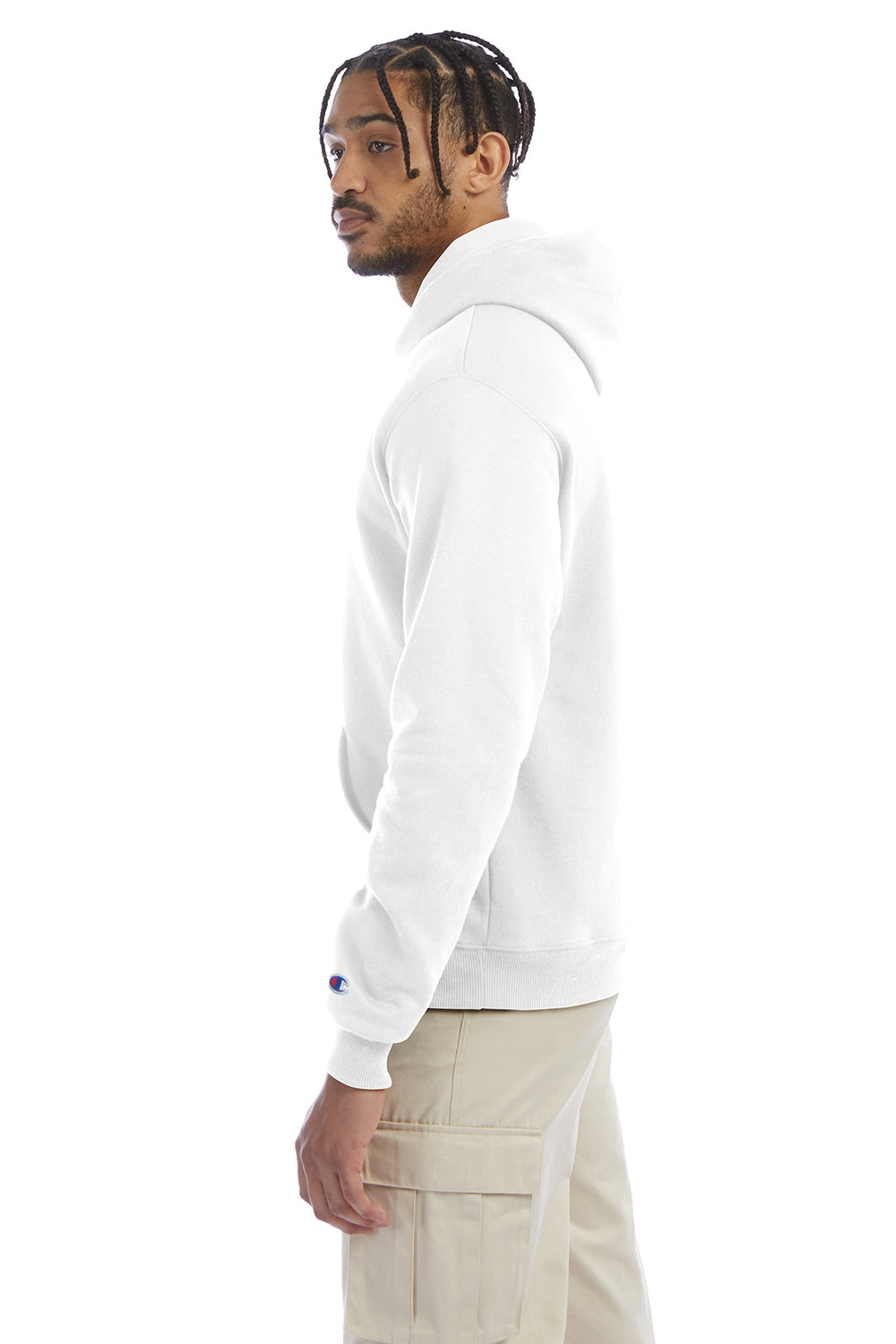 Champion S700 Mens Double Dry Eco Moisture Wicking Fleece Hooded Sweatshirt Hoodie w/ Pouch Pocket White Model Side