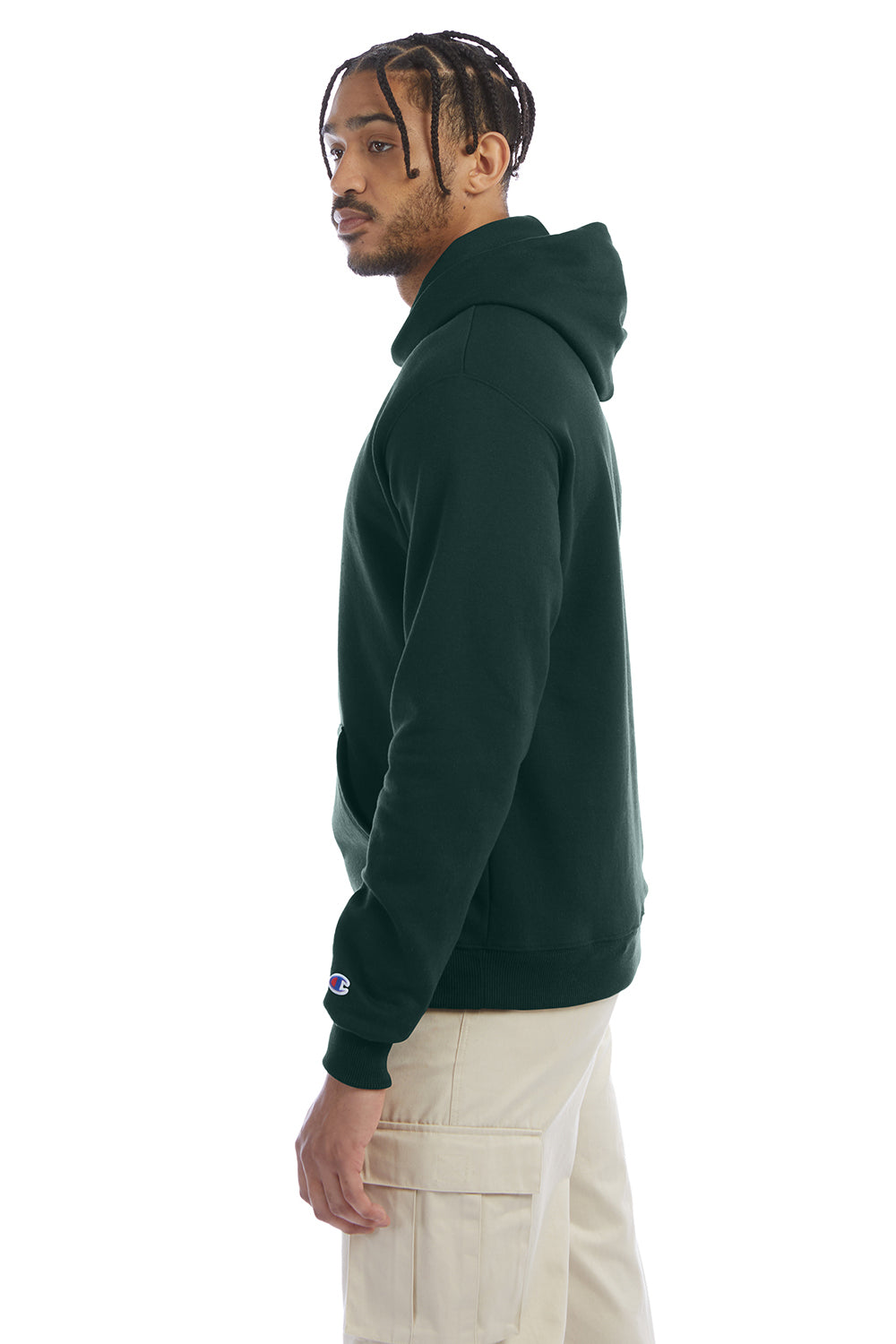 Champion S700 Mens Double Dry Eco Moisture Wicking Fleece Hooded Sweatshirt Hoodie w/ Pouch Pocket Dark Green Model Side