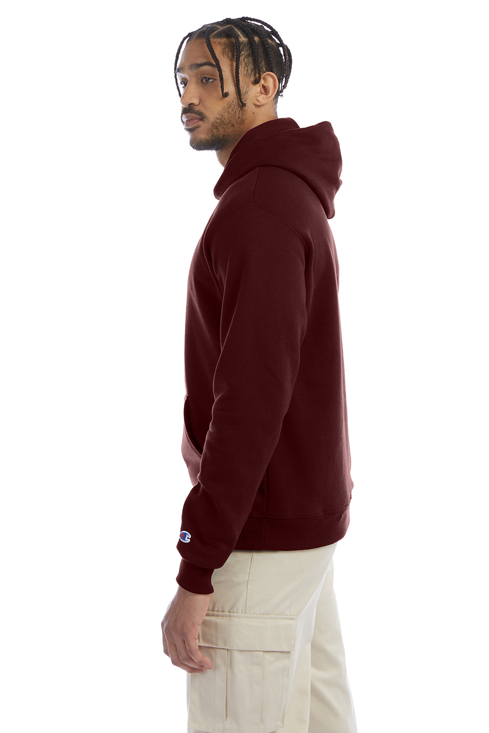Champion S700 Mens Double Dry Eco Moisture Wicking Fleece Hooded Sweatshirt Hoodie w/ Pouch Pocket Maroon Model Side