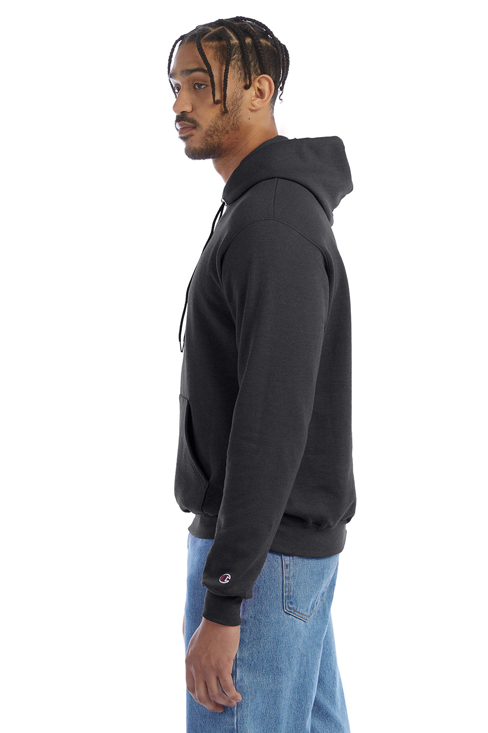 Champion S700 Mens Double Dry Eco Moisture Wicking Fleece Hooded Sweatshirt Hoodie w/ Pouch Pocket Heather Charcoal Grey Model Side