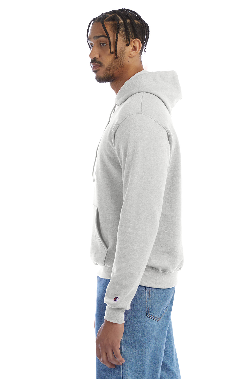 Champion S700 Mens Double Dry Eco Moisture Wicking Fleece Hooded Sweatshirt Hoodie w/ Pouch Pocket Silver Grey Model Side