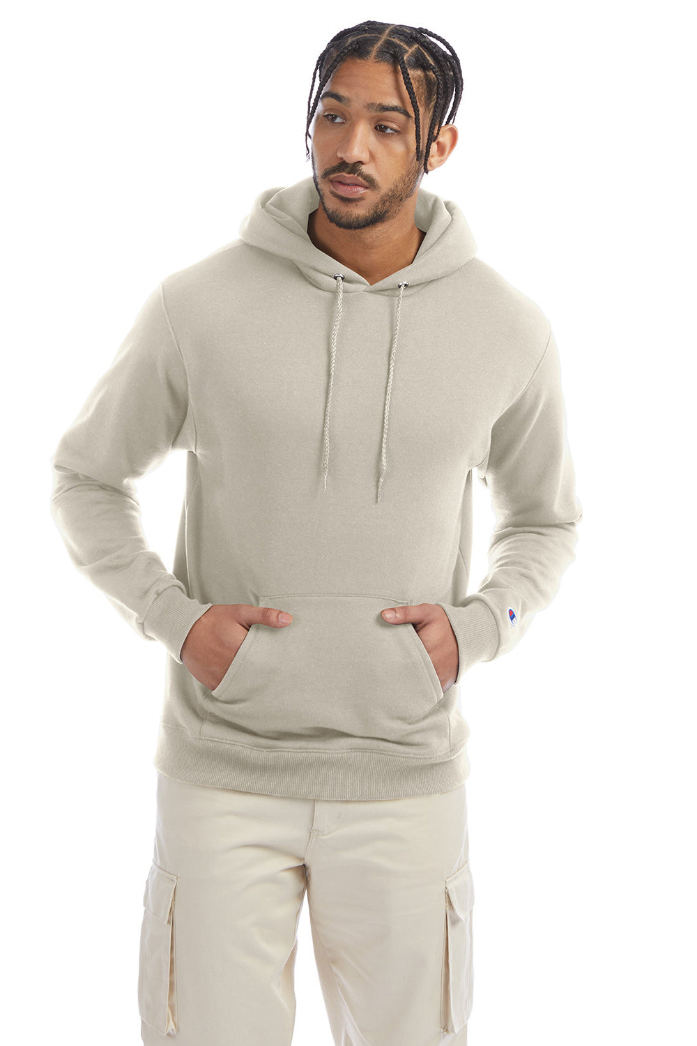 Champion S700 Mens Double Dry Eco Moisture Wicking Fleece Hooded Sweatshirt Hoodie w/ Pouch Pocket Sand Model Front