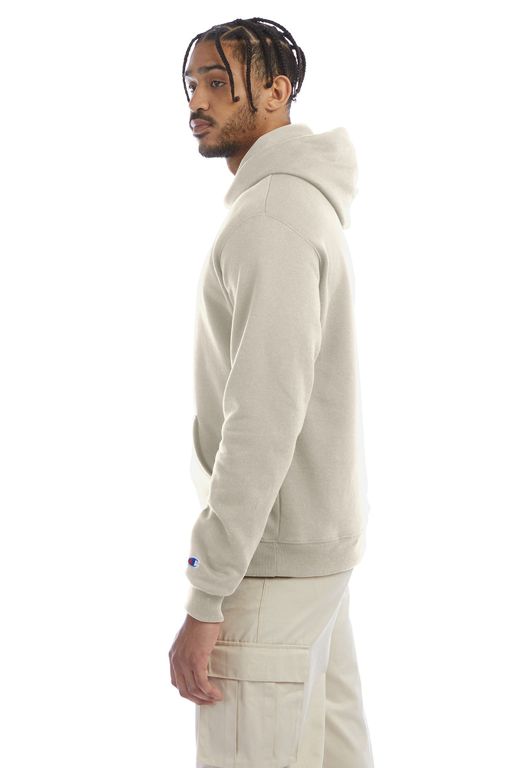 Champion S700 Mens Double Dry Eco Moisture Wicking Fleece Hooded Sweatshirt Hoodie w/ Pouch Pocket Sand Model Side