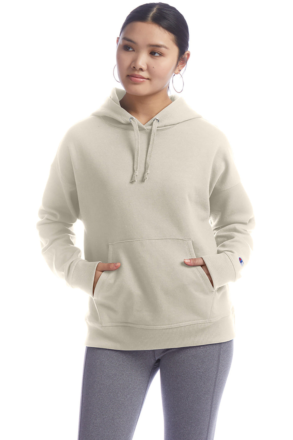 Champion S760 Womens PowerBlend Relaxed Hooded Sweatshirt Hoodie w/ Pouch Pocket Sand Model Front