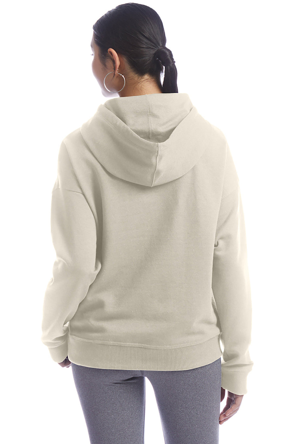 Champion S760 Womens PowerBlend Relaxed Hooded Sweatshirt Hoodie w/ Pouch Pocket Sand Model Back