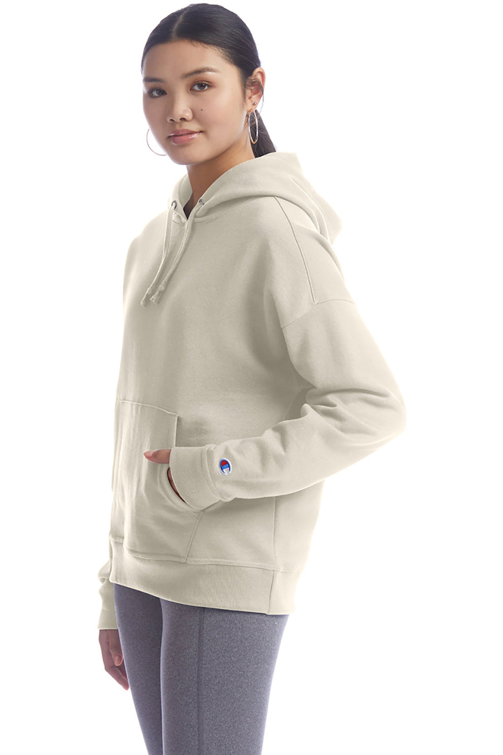 Champion S760 Womens PowerBlend Relaxed Hooded Sweatshirt Hoodie w/ Pouch Pocket Sand Model 3q
