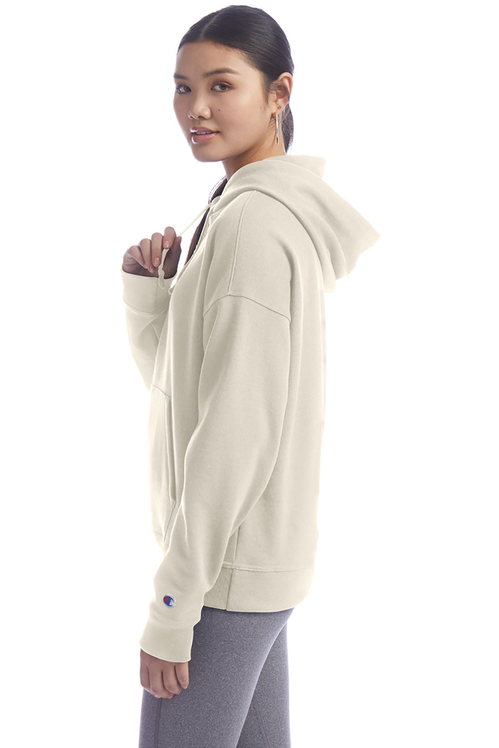 Champion S760 Womens PowerBlend Relaxed Hooded Sweatshirt Hoodie w/ Pouch Pocket Sand Model Side