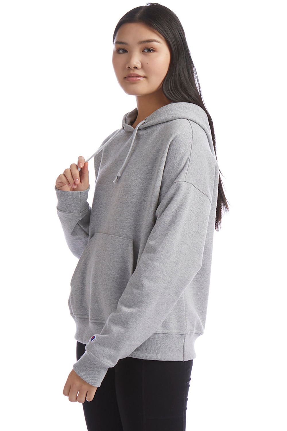 Champion S760 Womens PowerBlend Relaxed Hooded Sweatshirt Hoodie w/ Pouch Pocket Light Steel Grey Model 3q