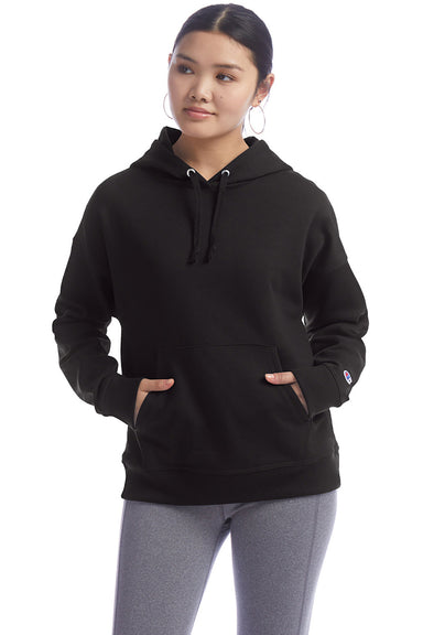 Champion S760 Womens PowerBlend Relaxed Hooded Sweatshirt Hoodie w/ Pouch Pocket Black Model Front