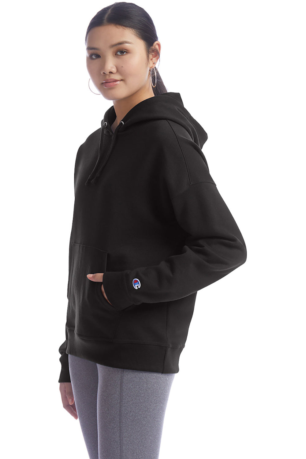 Champion S760 Womens PowerBlend Relaxed Hooded Sweatshirt Hoodie w/ Pouch Pocket Black Model 3q