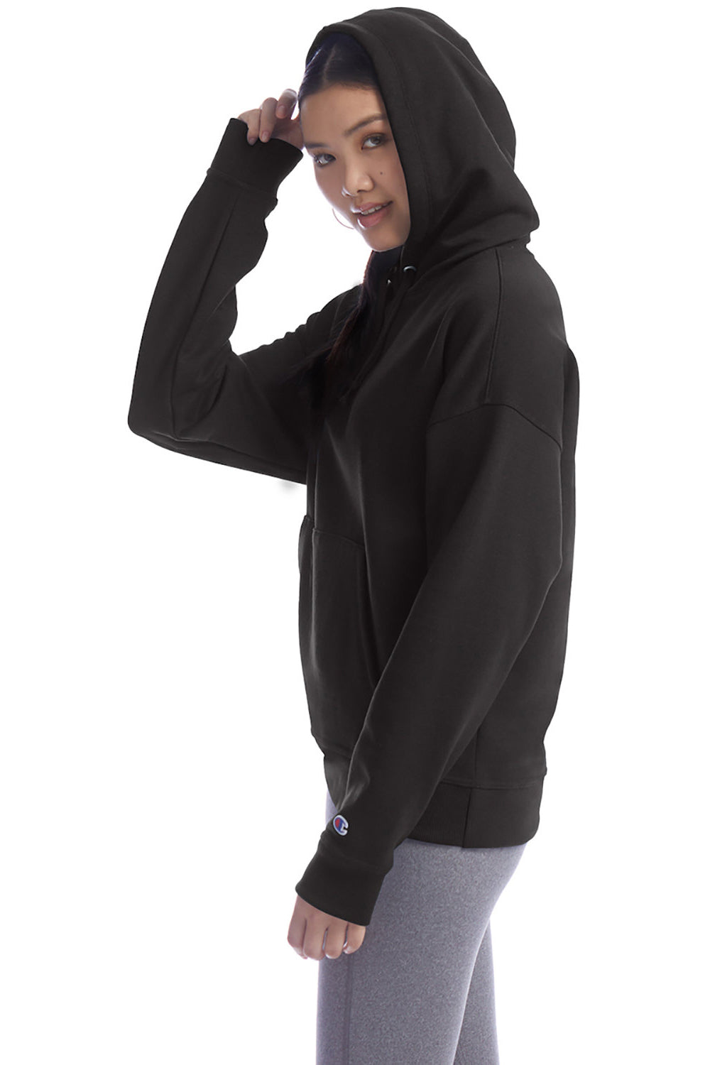 Champion S760 Womens PowerBlend Relaxed Hooded Sweatshirt Hoodie w/ Pouch Pocket Black Model Side
