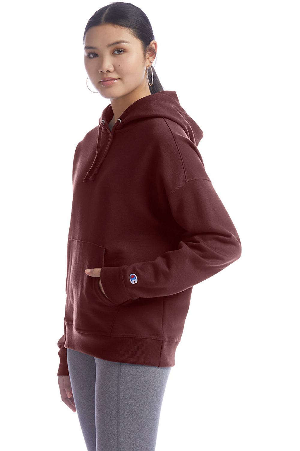 Champion S760 Womens PowerBlend Relaxed Hooded Sweatshirt Hoodie w/ Pouch Pocket Maroon Model 3q