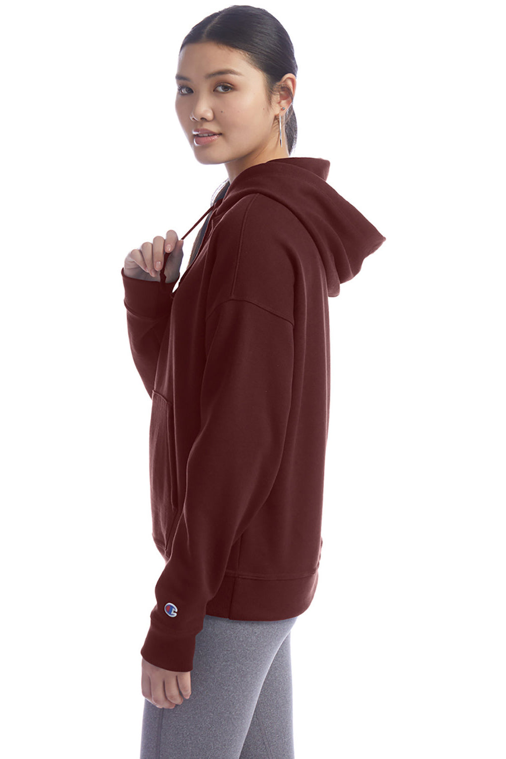 Champion S760 Womens PowerBlend Relaxed Hooded Sweatshirt Hoodie w/ Pouch Pocket Maroon Model Side