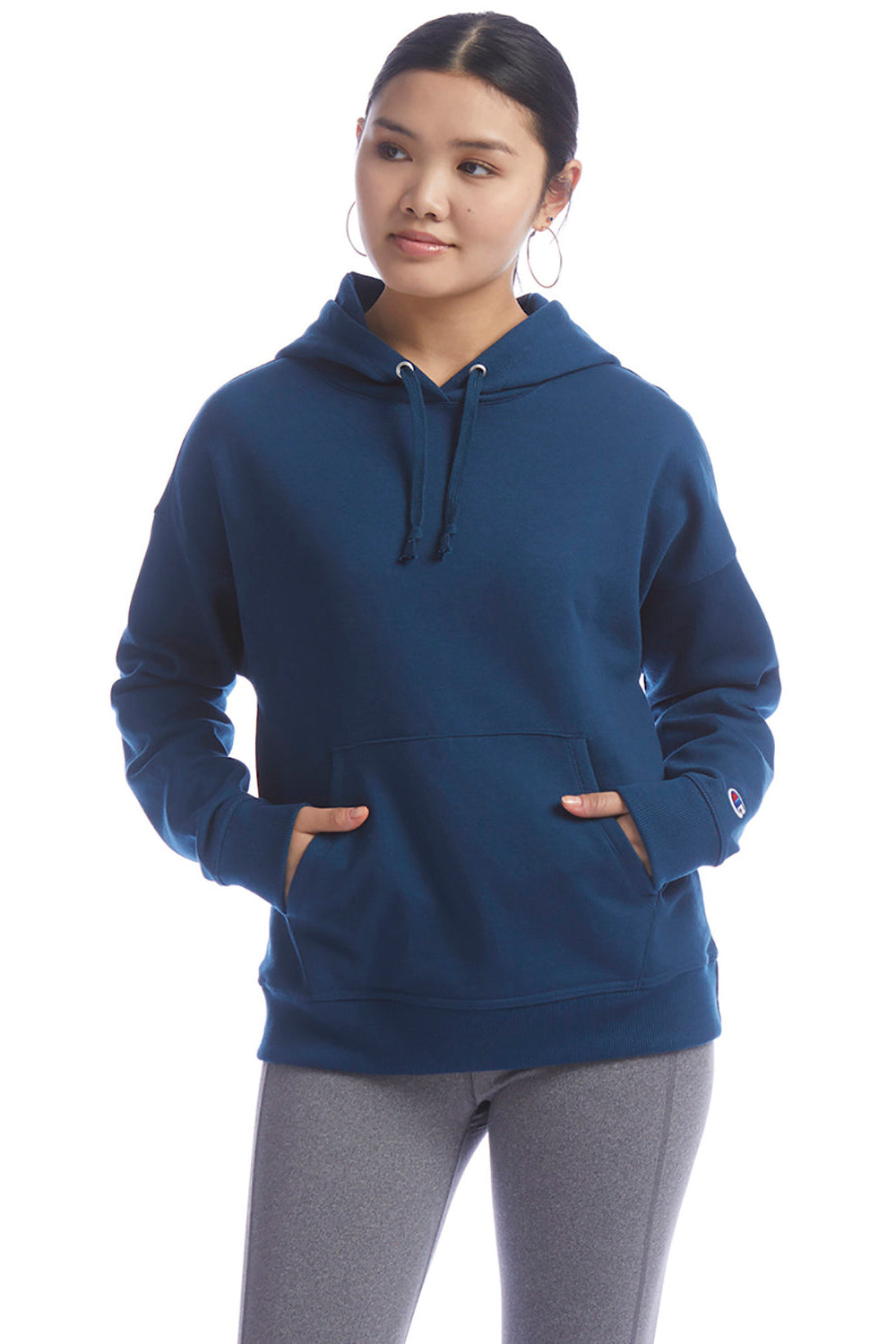Champion S760 Womens PowerBlend Relaxed Hooded Sweatshirt Hoodie w/ Pouch Pocket Late Night Blue Model Front