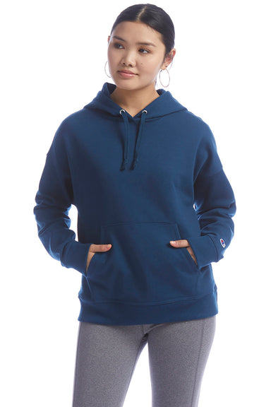 Champion S760 Womens PowerBlend Relaxed Hooded Sweatshirt Hoodie w/ Pouch Pocket Late Night Blue Model Front