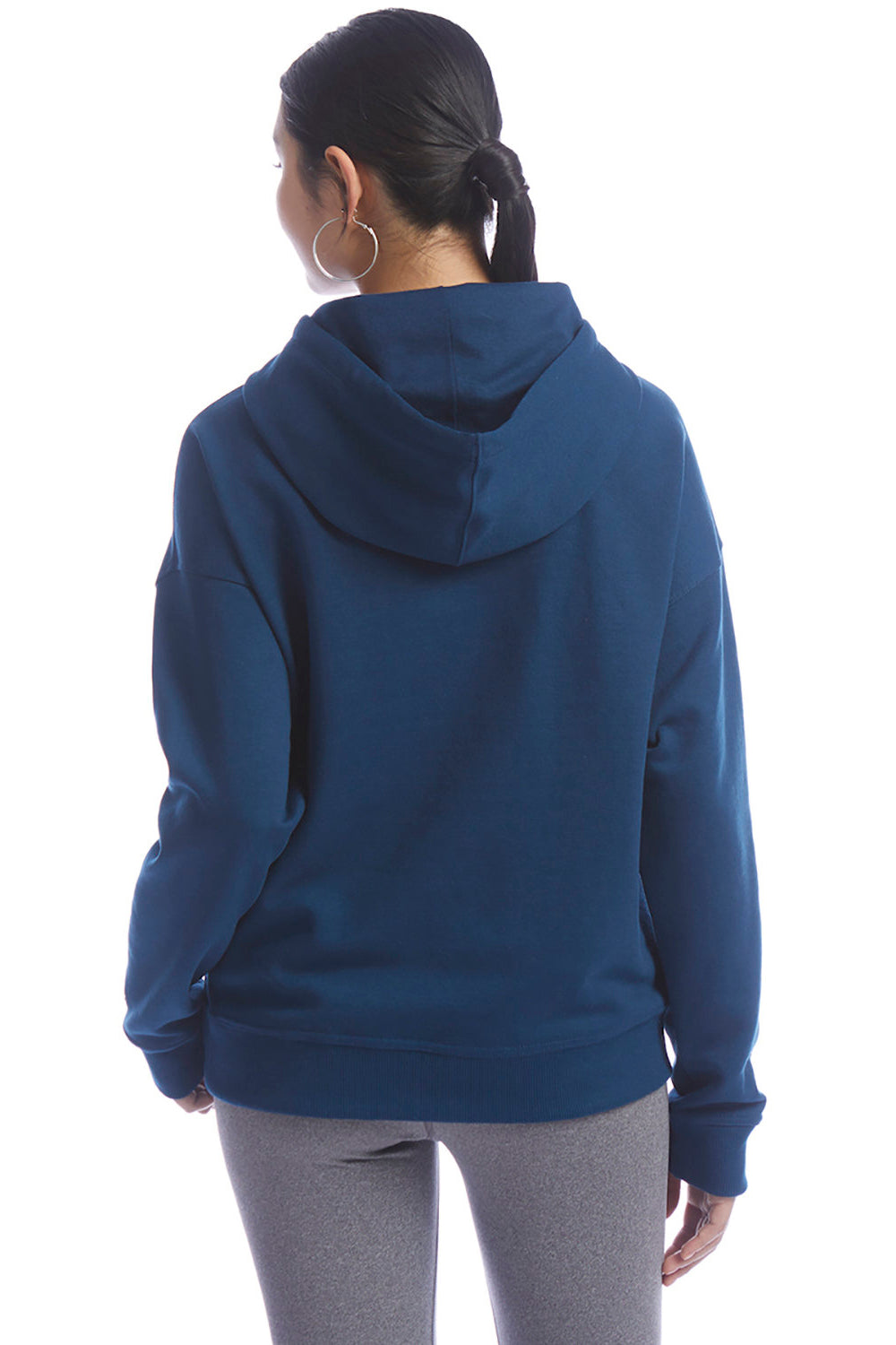 Champion S760 Womens PowerBlend Relaxed Hooded Sweatshirt Hoodie w/ Pouch Pocket Late Night Blue Model Back
