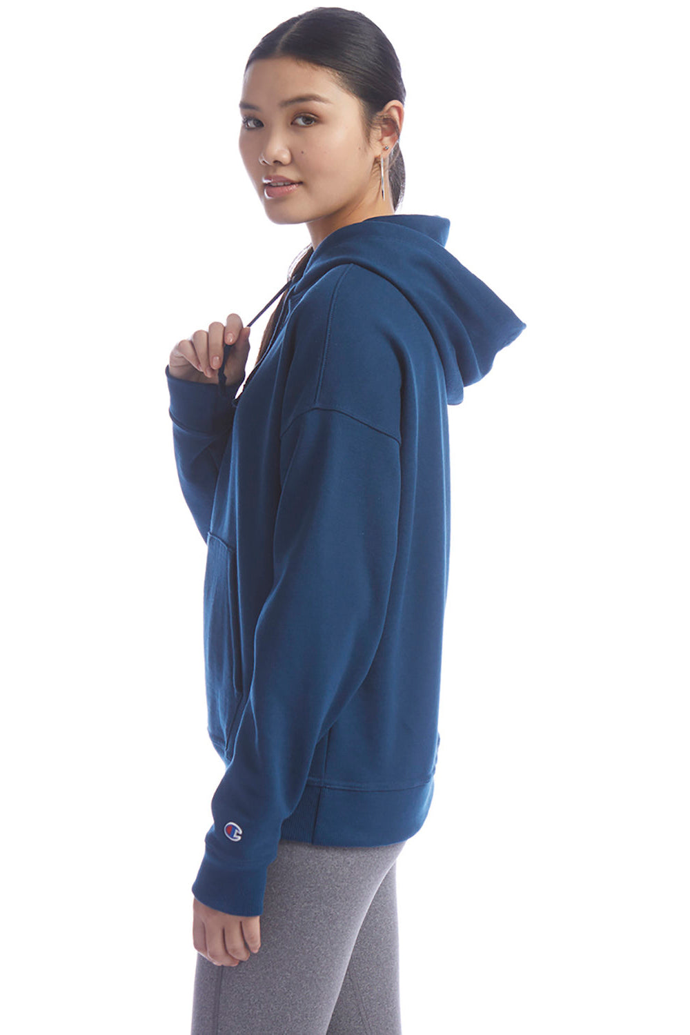 Champion S760 Womens PowerBlend Relaxed Hooded Sweatshirt Hoodie w/ Pouch Pocket Late Night Blue Model Side