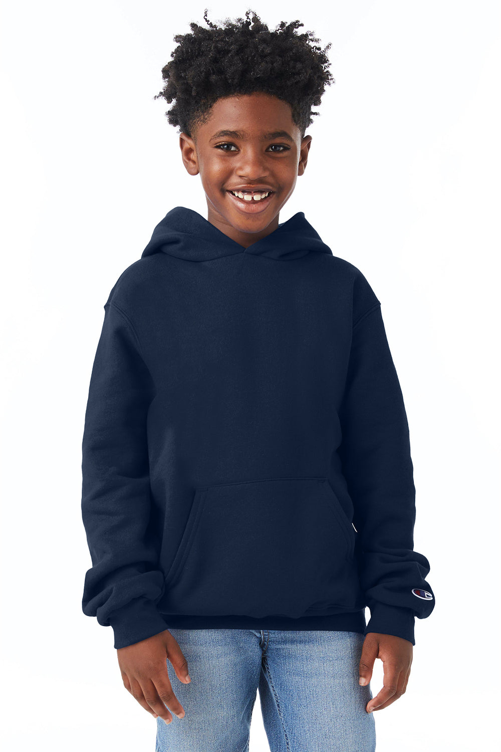 Champion S790 Youth Double Dry Eco Moisture Wicking Fleece Hooded Sweatshirt Hoodie w/ Pouch Pocket Navy Blue Model Front