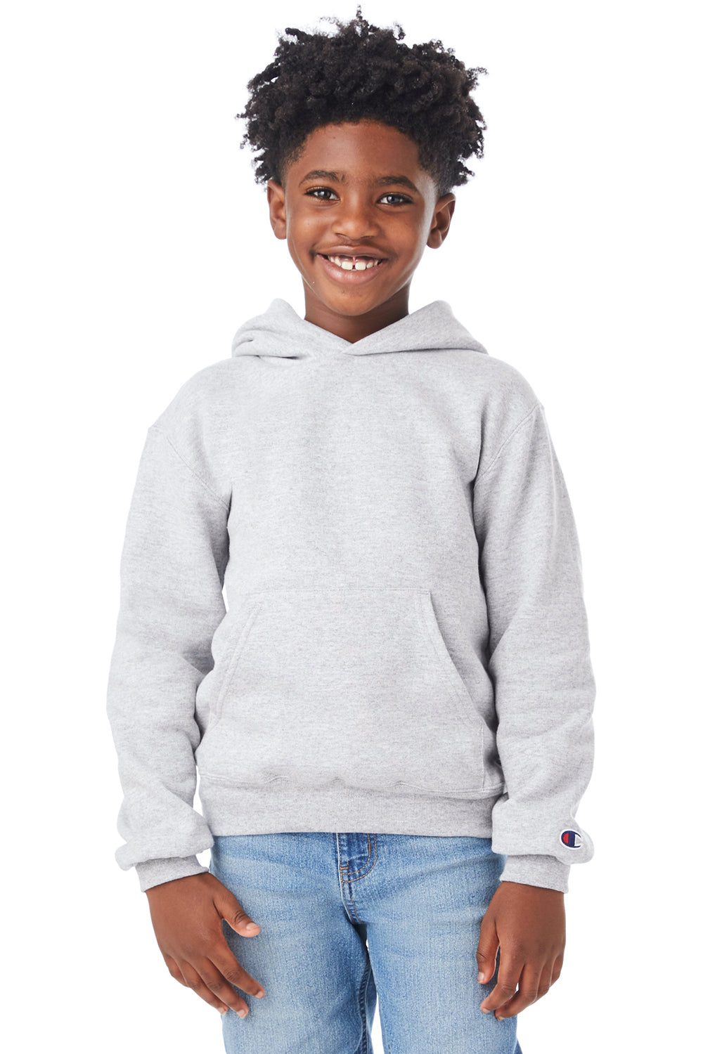 Champion S790 Youth Double Dry Eco Moisture Wicking Fleece Hooded Sweatshirt Hoodie w/ Pouch Pocket Light Steel Grey Model Front