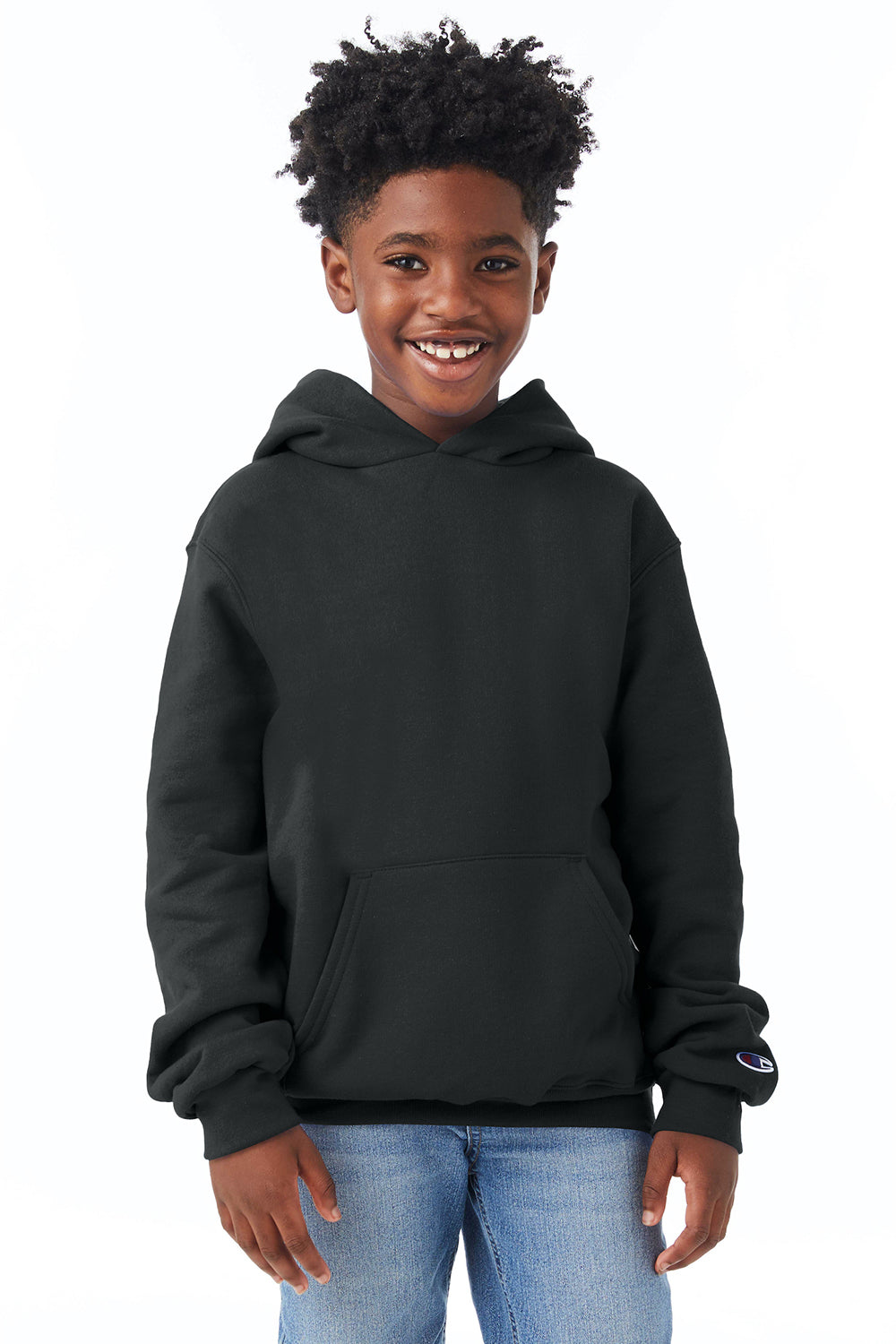 Champion S790 Youth Double Dry Eco Moisture Wicking Fleece Hooded Sweatshirt Hoodie w/ Pouch Pocket Black Model Front