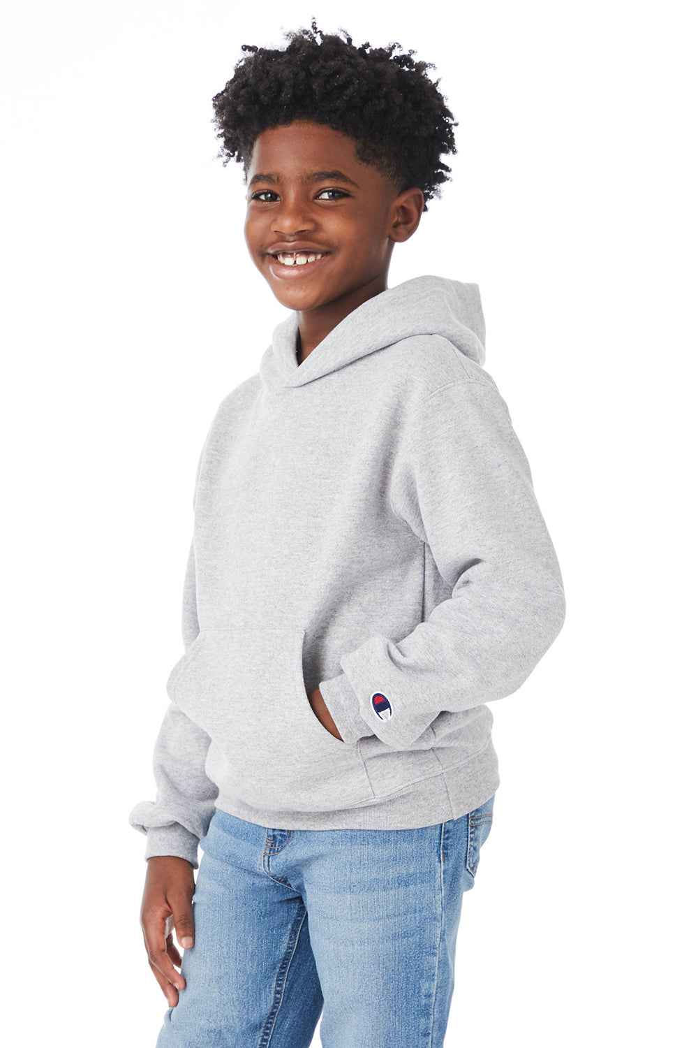 Champion S790 Youth Double Dry Eco Moisture Wicking Fleece Hooded Sweatshirt Hoodie w/ Pouch Pocket Light Steel Grey Model 3q