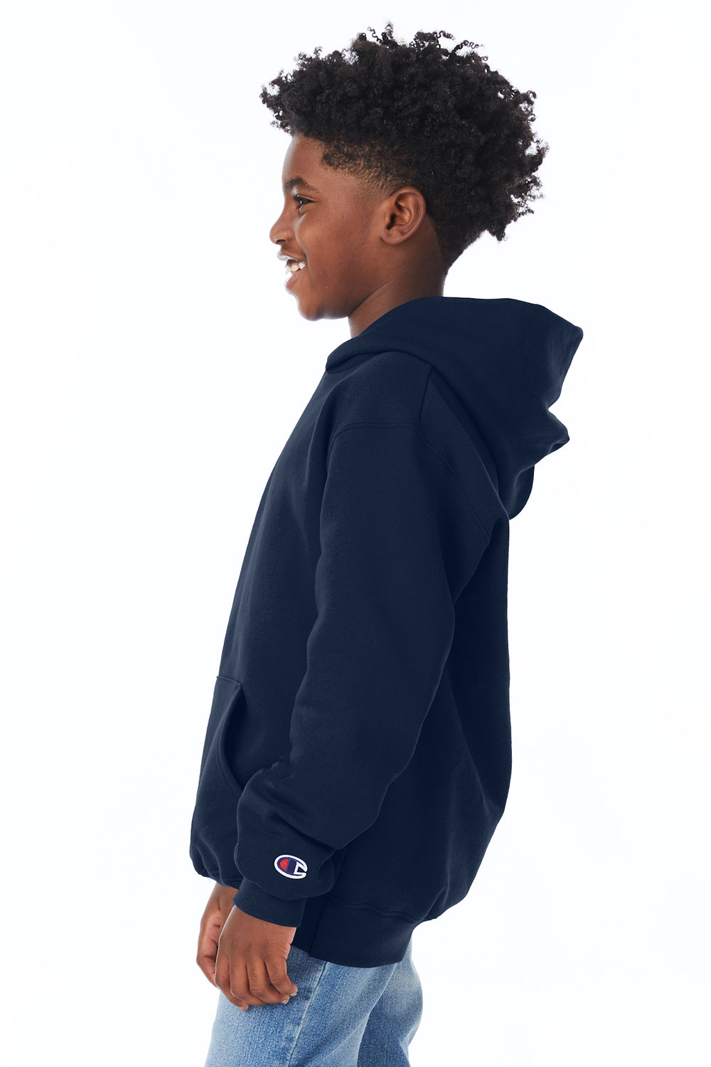 Champion S790 Youth Double Dry Eco Moisture Wicking Fleece Hooded Sweatshirt Hoodie w/ Pouch Pocket Navy Blue Model Side