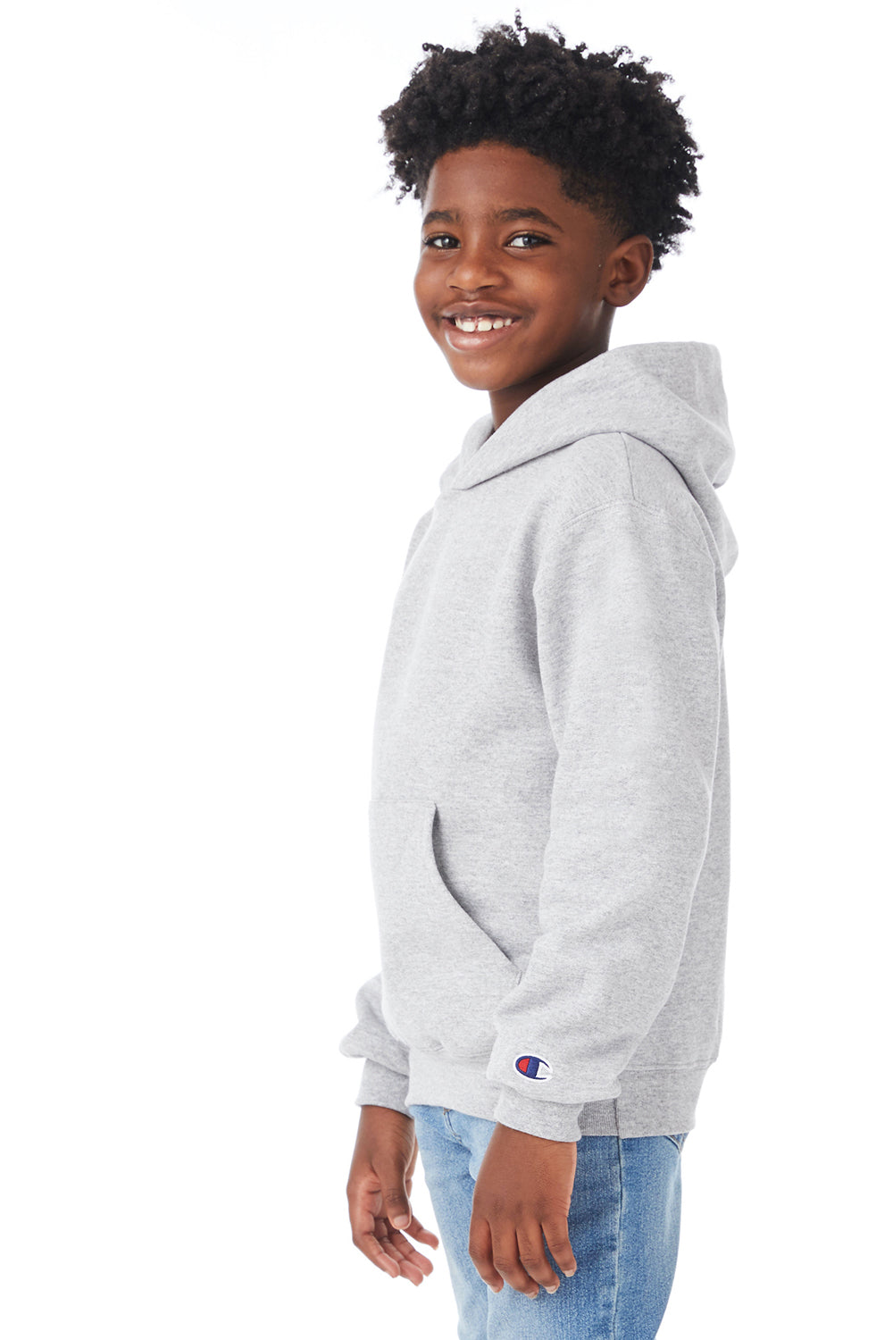 Champion S790 Youth Double Dry Eco Moisture Wicking Fleece Hooded Sweatshirt Hoodie w/ Pouch Pocket Light Steel Grey Model Side