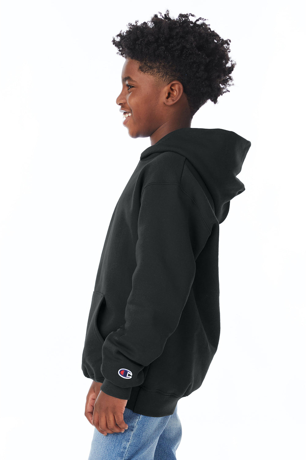 Champion S790 Youth Double Dry Eco Moisture Wicking Fleece Hooded Sweatshirt Hoodie w/ Pouch Pocket Black Model Side