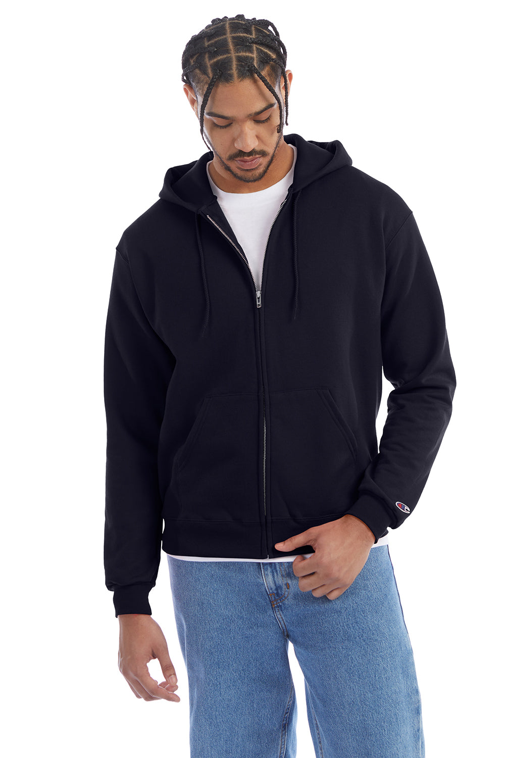 Champion S800 Mens Double Dry Eco Moisture Wicking Fleece Full Zip Hooded Sweatshirt Hoodie w/ Pockets Navy Blue Model Front