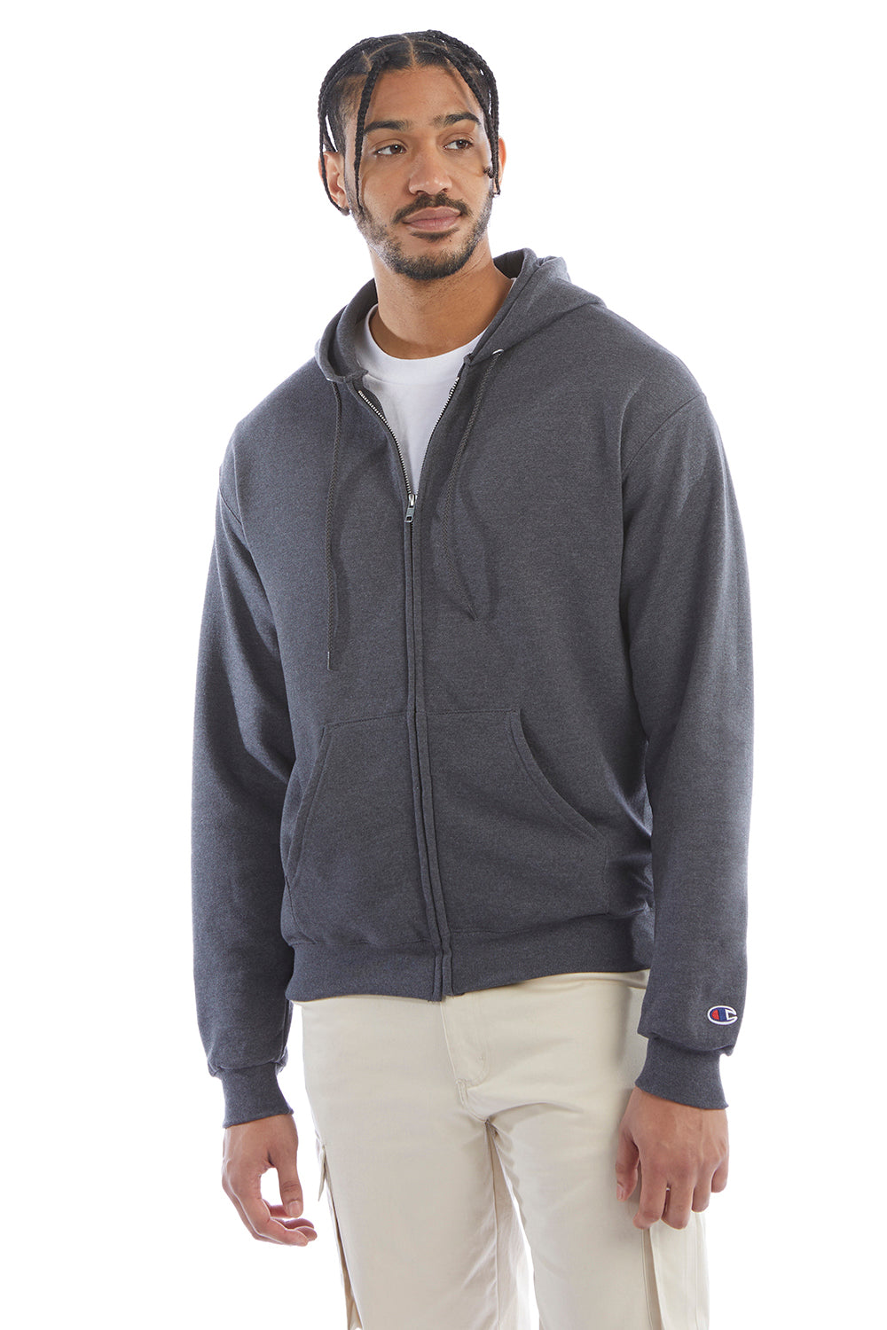 Champion S800 Mens Double Dry Eco Moisture Wicking Fleece Full Zip Hooded Sweatshirt Hoodie w/ Pockets Heather Charcoal Grey Model Front