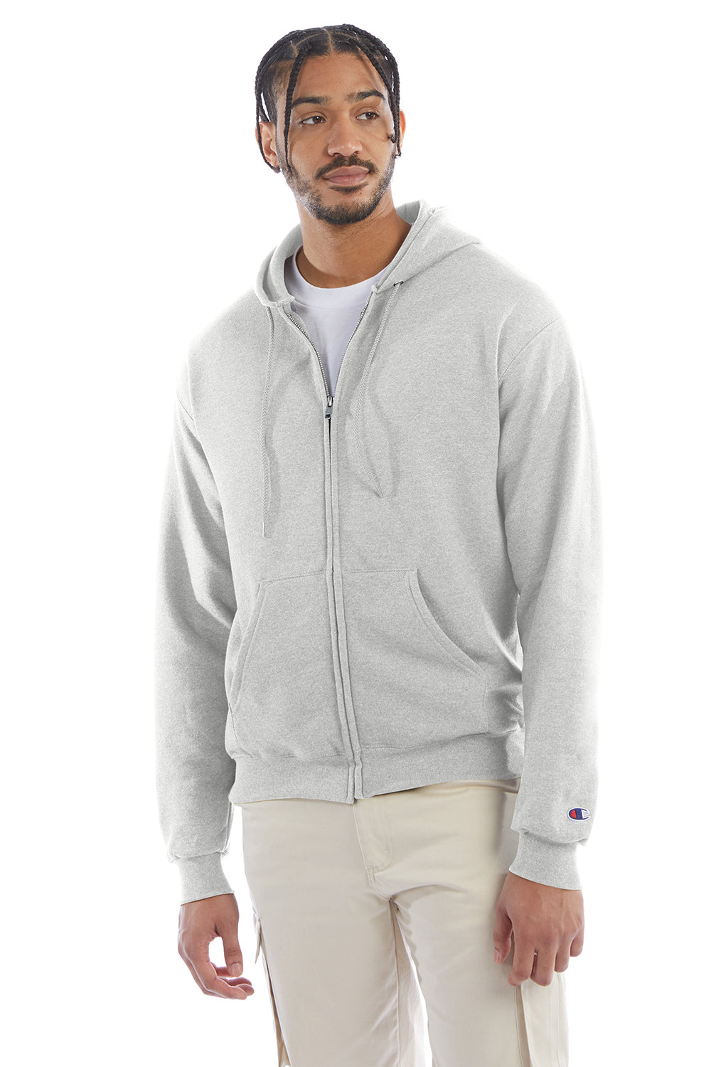 Champion S800 Mens Double Dry Eco Moisture Wicking Fleece Full Zip Hooded Sweatshirt Hoodie w/ Pockets Silver Grey Model Front