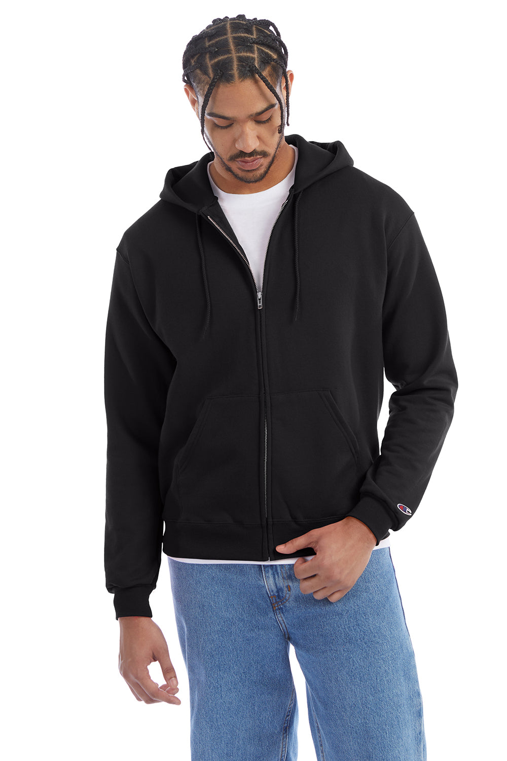 Champion S800 Mens Double Dry Eco Moisture Wicking Fleece Full Zip Hooded Sweatshirt Hoodie w/ Pockets Black Model Front