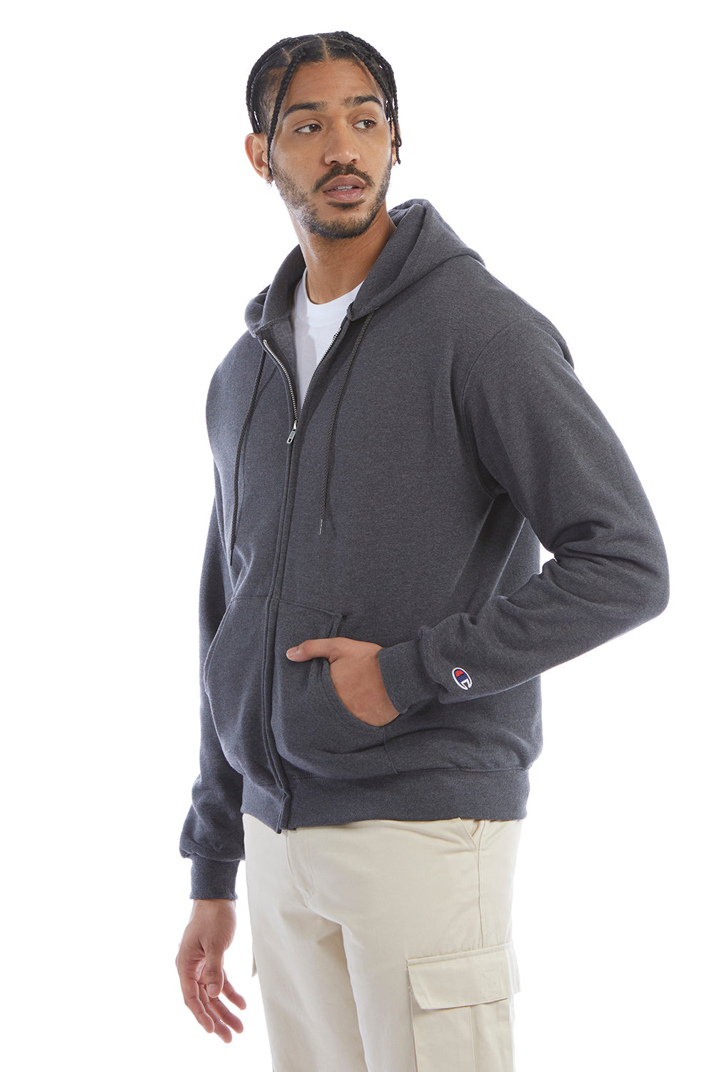 Champion S800 Mens Double Dry Eco Moisture Wicking Fleece Full Zip Hooded Sweatshirt Hoodie w/ Pockets Heather Charcoal Grey Model 3q
