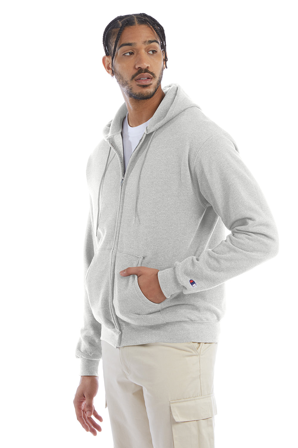 Champion S800 Mens Double Dry Eco Moisture Wicking Fleece Full Zip Hooded Sweatshirt Hoodie w/ Pockets Silver Grey Model 3q