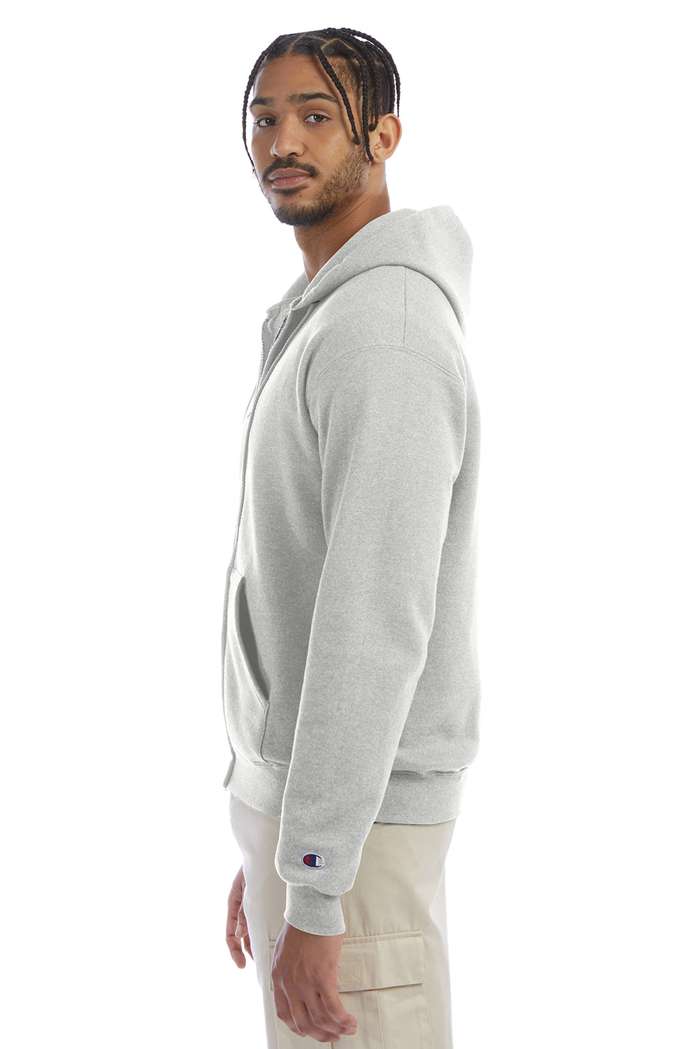 Champion S800 Mens Double Dry Eco Moisture Wicking Fleece Full Zip Hooded Sweatshirt Hoodie w/ Pockets Silver Grey Model Side