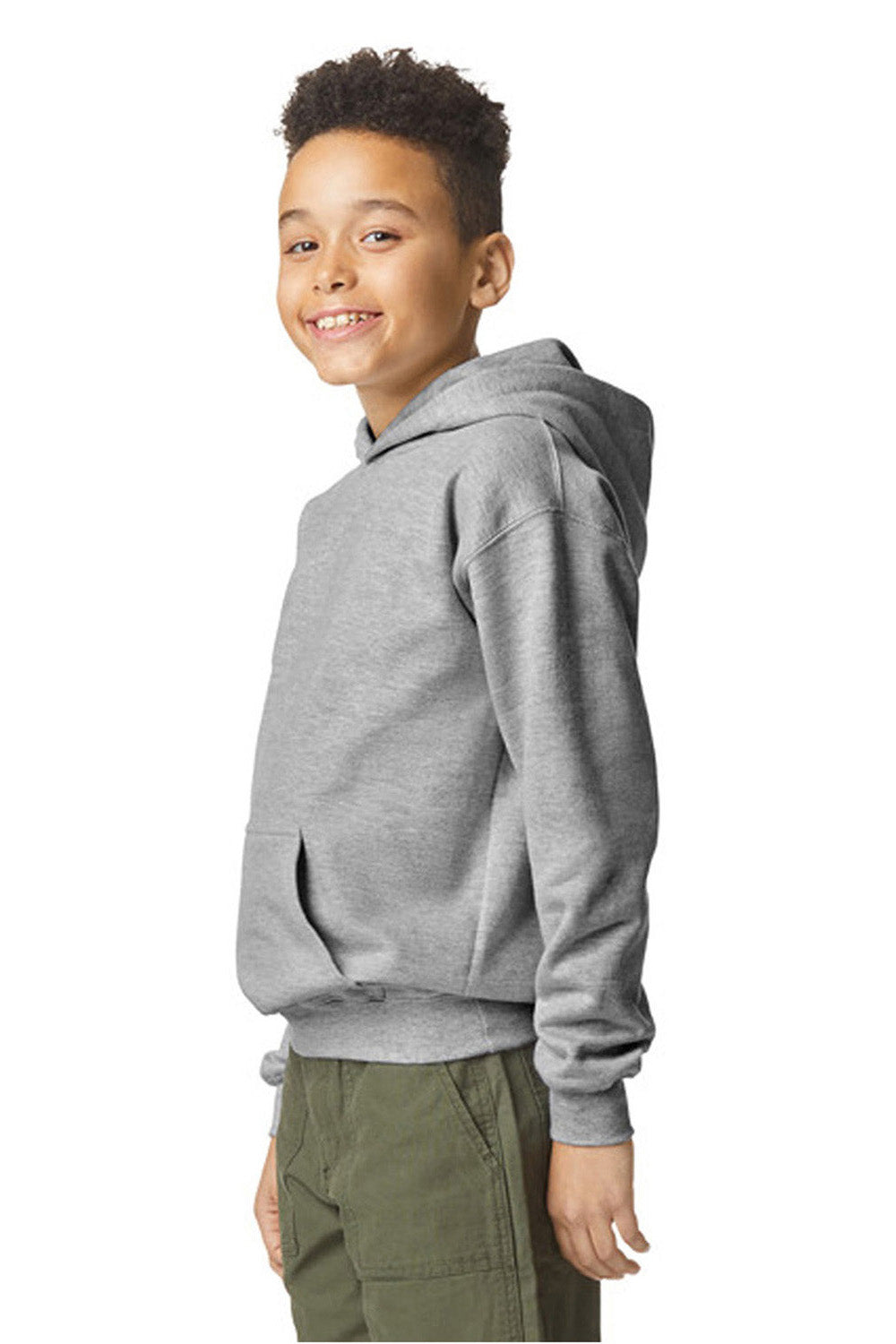 Gildan SF500B Youth Softstyle Hooded Sweatshirt Hoodie w/ Pouch Pocket Sport Grey Model Side
