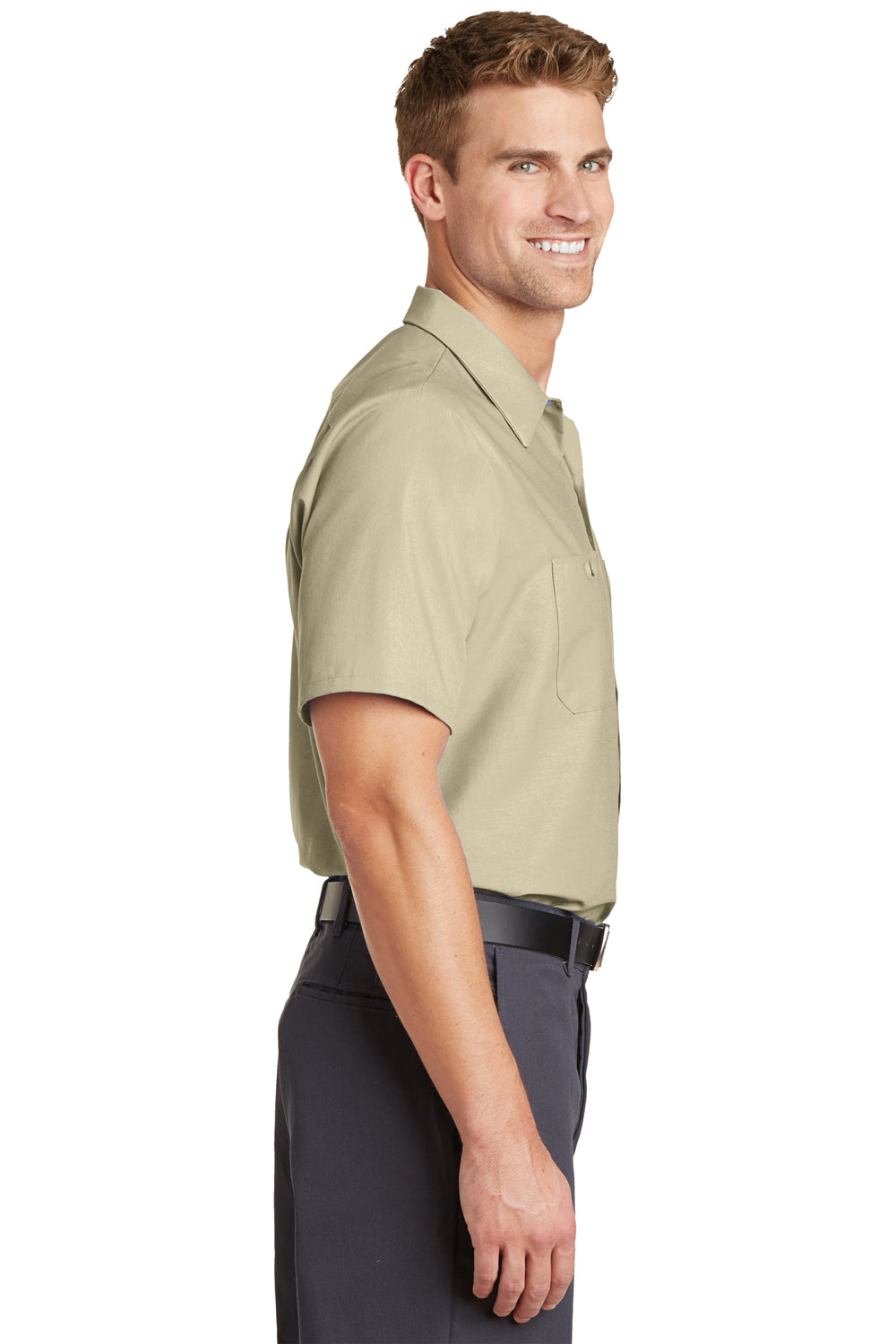 Red Kap SP24/SP24LONG Mens Industrial Moisture Wicking Short Sleeve Button Down Shirt w/ Double Pockets Light Tan Model Side