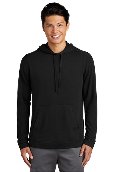 Sport-Tek ST296 Mens Moisture Wicking Fleece Hooded Sweatshirt Hoodie w/ Pouch Pocket Black Model Front