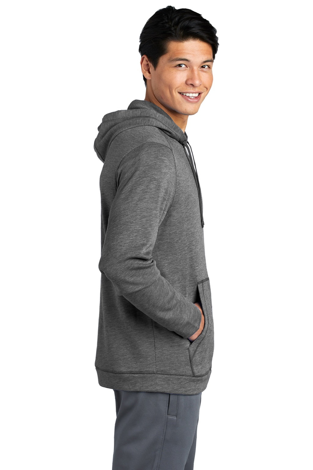 Sport-Tek ST296 Mens Moisture Wicking Fleece Hooded Sweatshirt Hoodie w/ Pouch Pocket Heather Dark Grey Model Side