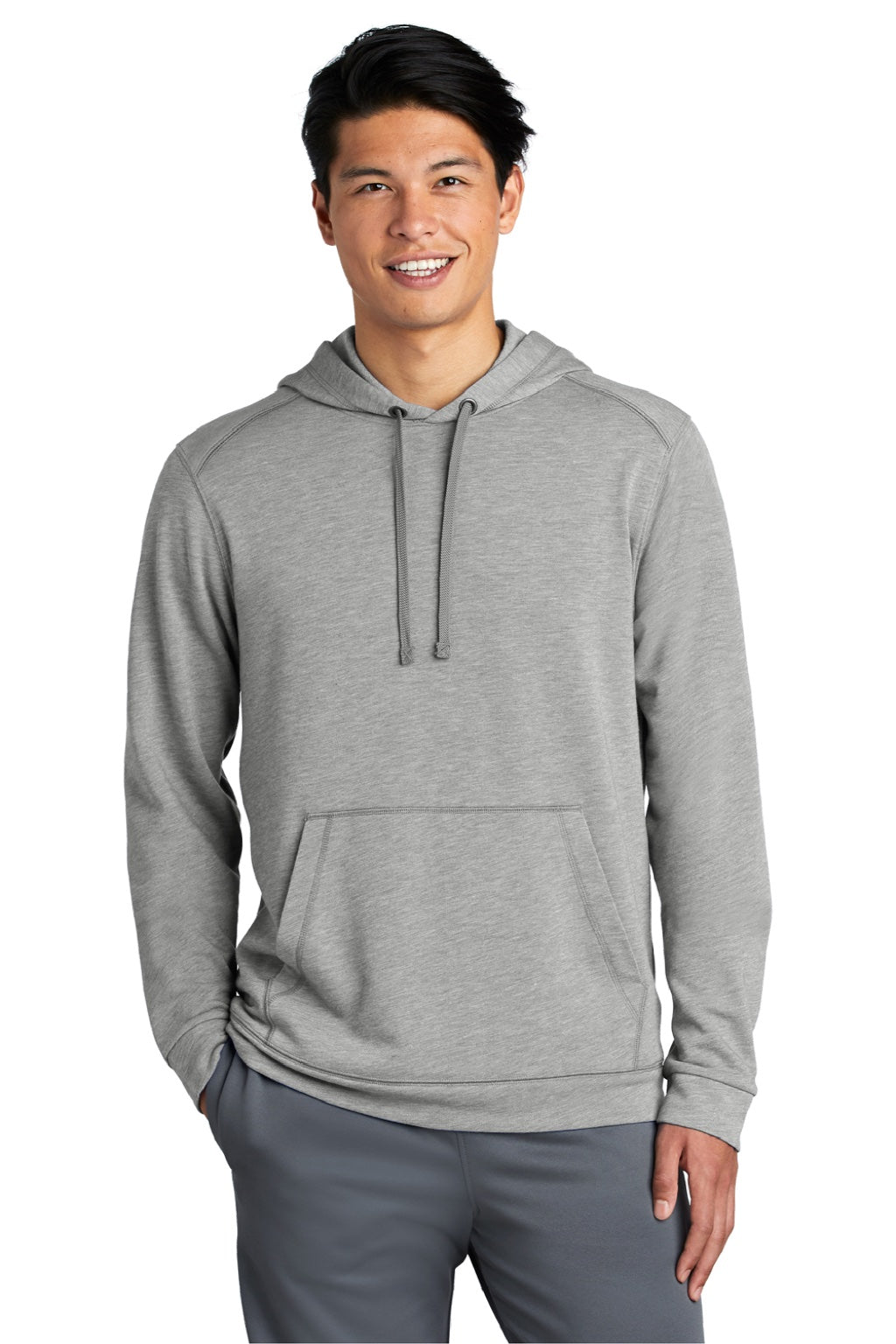 Sport-Tek ST296 Mens Moisture Wicking Fleece Hooded Sweatshirt Hoodie w/ Pouch Pocket Heather Light Grey Model Front