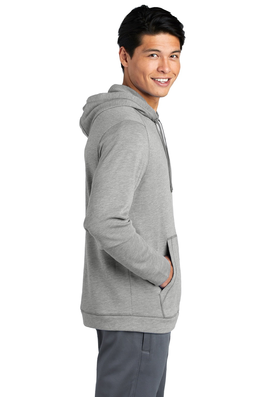 Sport-Tek ST296 Mens Moisture Wicking Fleece Hooded Sweatshirt Hoodie w/ Pouch Pocket Heather Light Grey Model Side