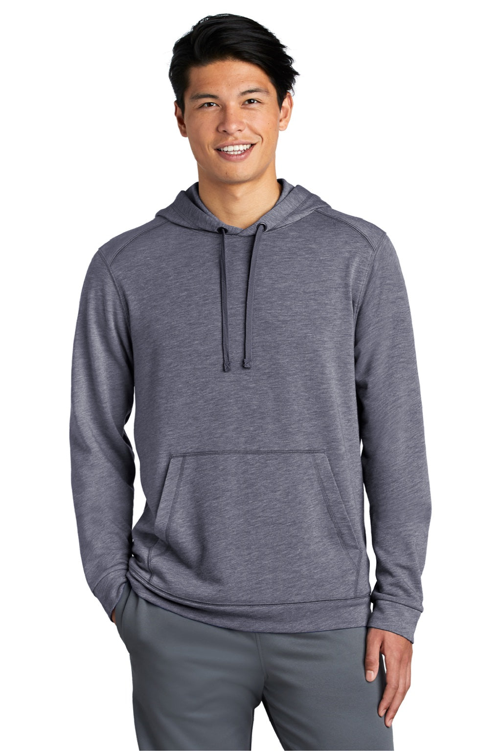 Sport-Tek ST296 Mens Moisture Wicking Fleece Hooded Sweatshirt Hoodie w/ Pouch Pocket Heather True Navy Blue Model Front
