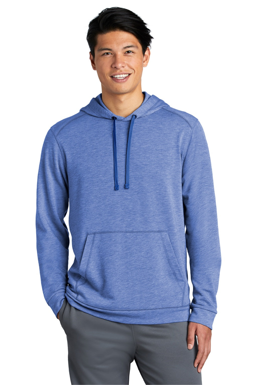 Sport-Tek ST296 Mens Moisture Wicking Fleece Hooded Sweatshirt Hoodie w/ Pouch Pocket Heather True Royal Blue Model Front