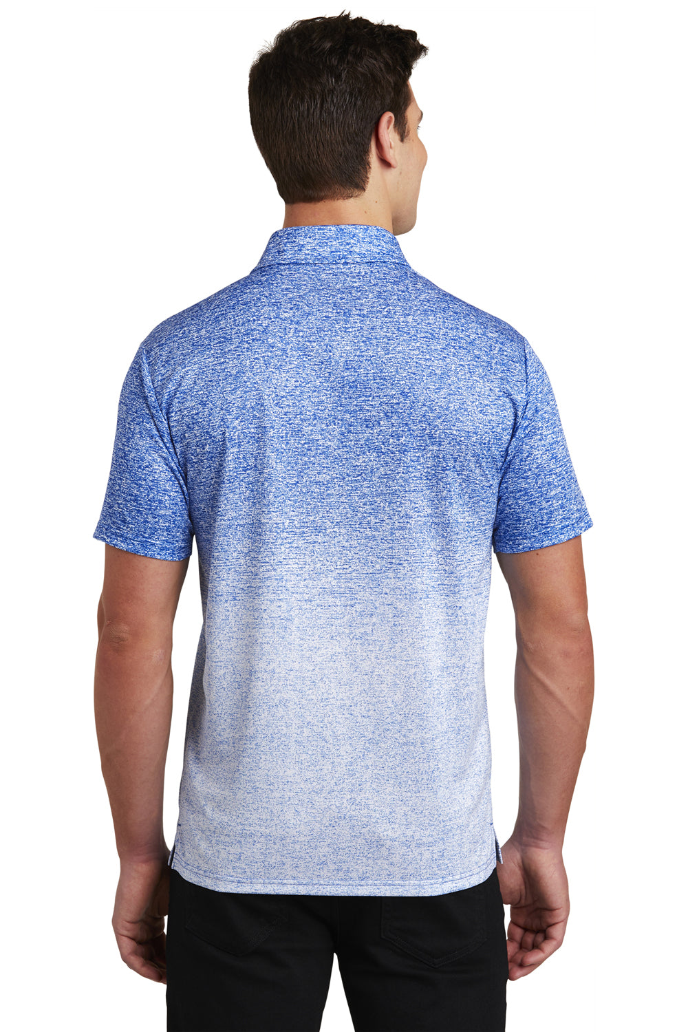 Sport-Tek ST671 Mens Ombre Heather Moisture Wicking Short Sleeve Polo Shirt White/True Royal Blue Model Back