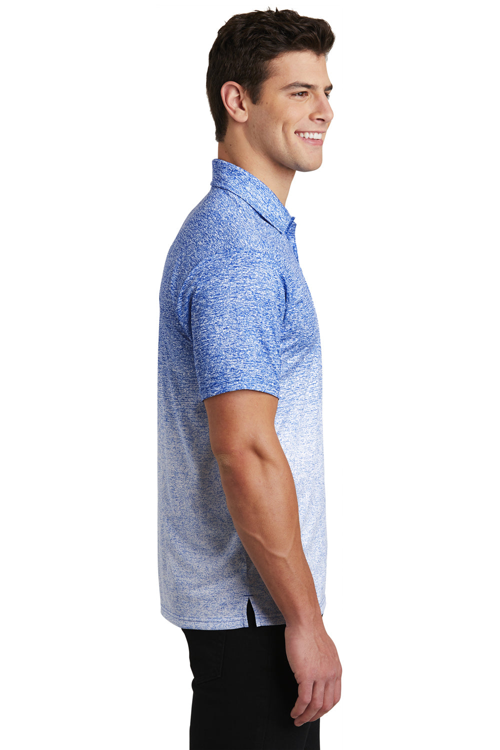 Sport-Tek ST671 Mens Ombre Heather Moisture Wicking Short Sleeve Polo Shirt White/True Royal Blue Model Side