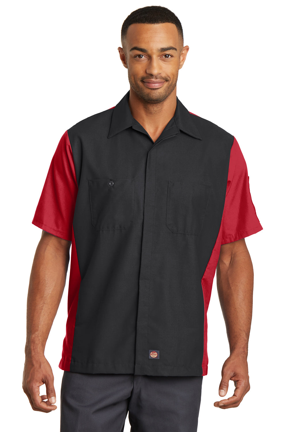 mens black and red dress shirt Red Kap SY20 Mens Black/Red Crew Moisture Wicking Short Sleeve Button Down Shirt w/ Double Pockets — BigTopShirtShop.com